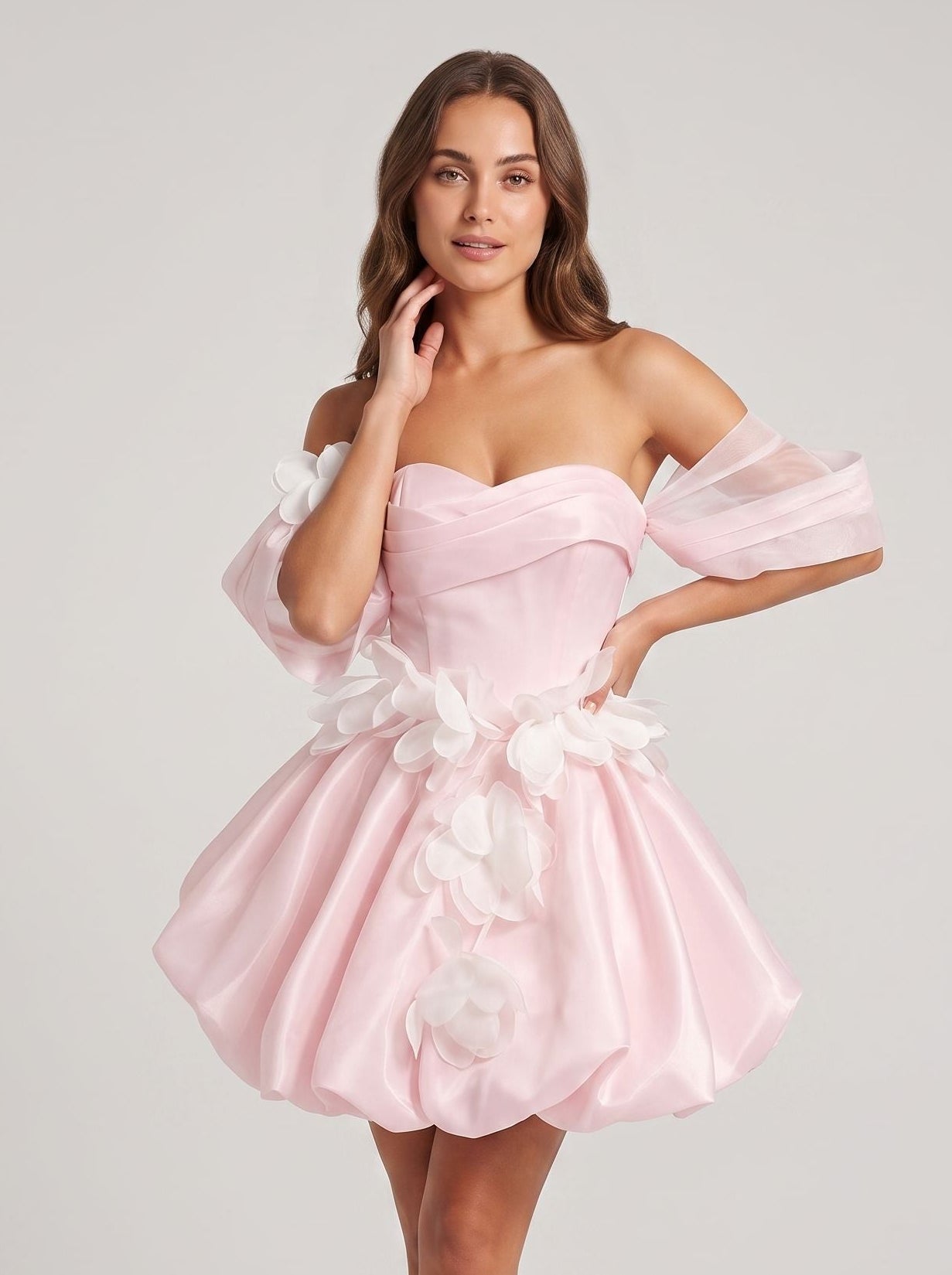 Blushing Pink Satin A-Line Sweetheart Back Zip Short Dress with Appliques