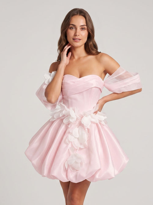 Blushing Pink Satin A-Line Sweetheart Back Zip Short Dress with Appliques