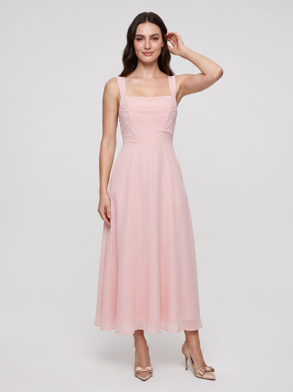 Blushing Pink Satin A-Line Square Neck  Lace-up Short Dress with Pockets