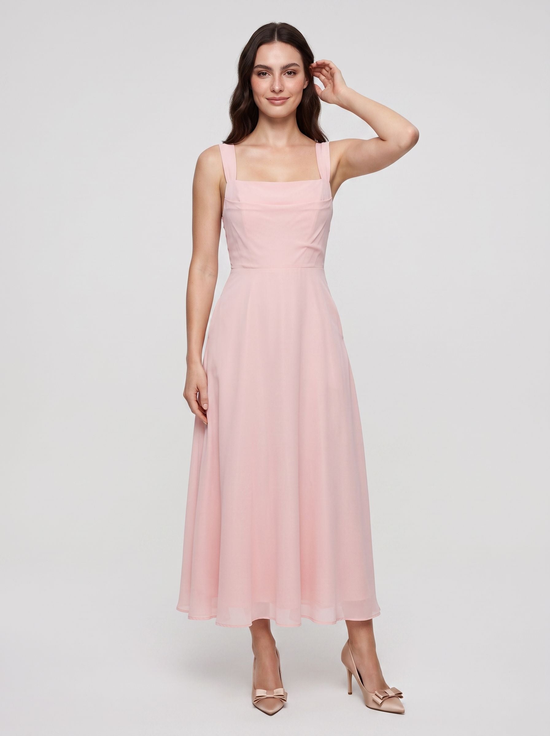 Blushing Pink Satin A-Line Square Neck  Lace-up Short Dress with Pockets