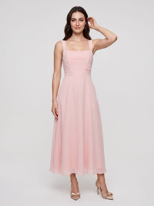 Blushing Pink Satin A-Line Square Neck  Lace-up Short Dress with Pockets