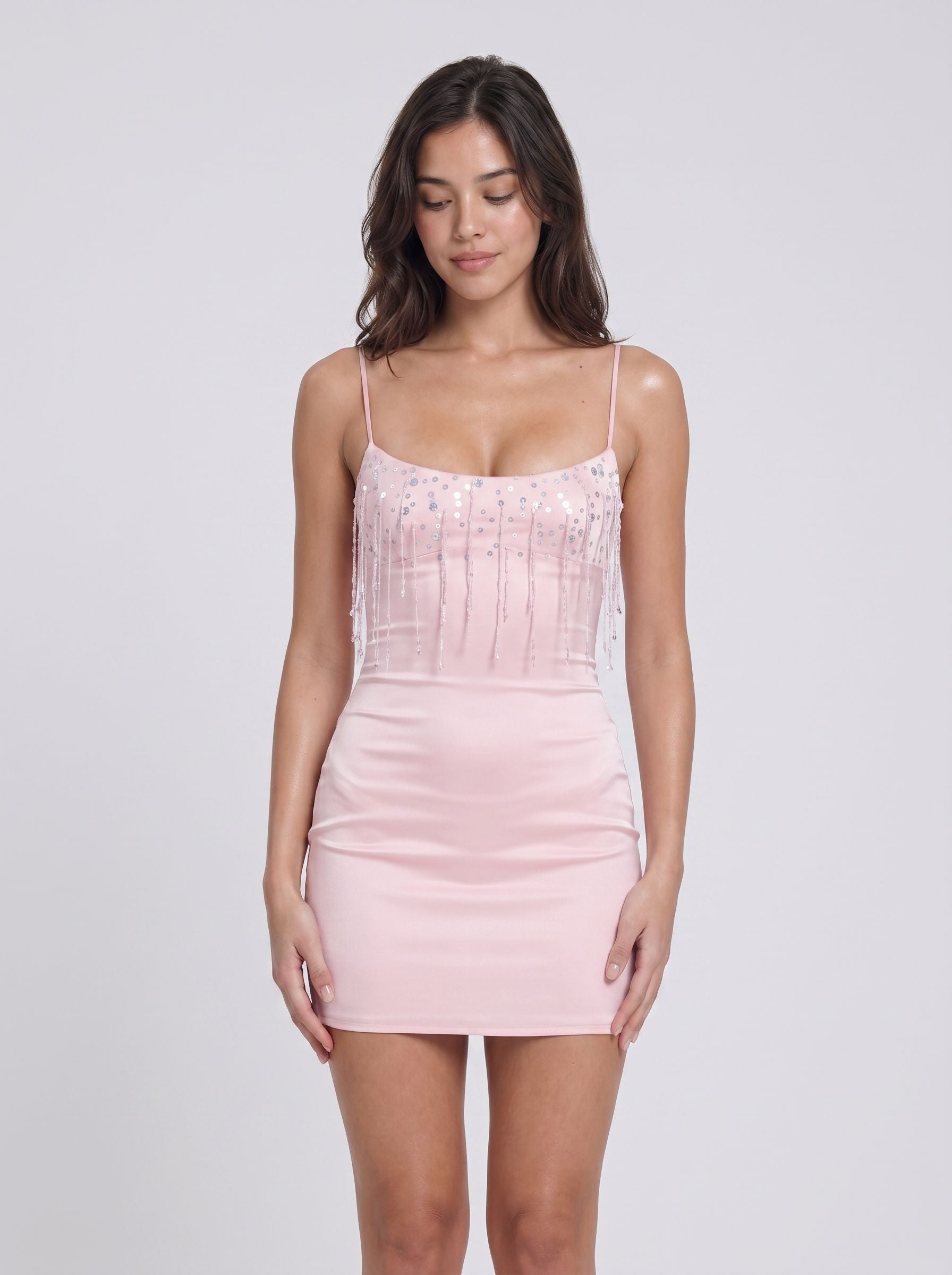 Petal Satin Sheath Straight Neck Side Zip Short Dress with Beading