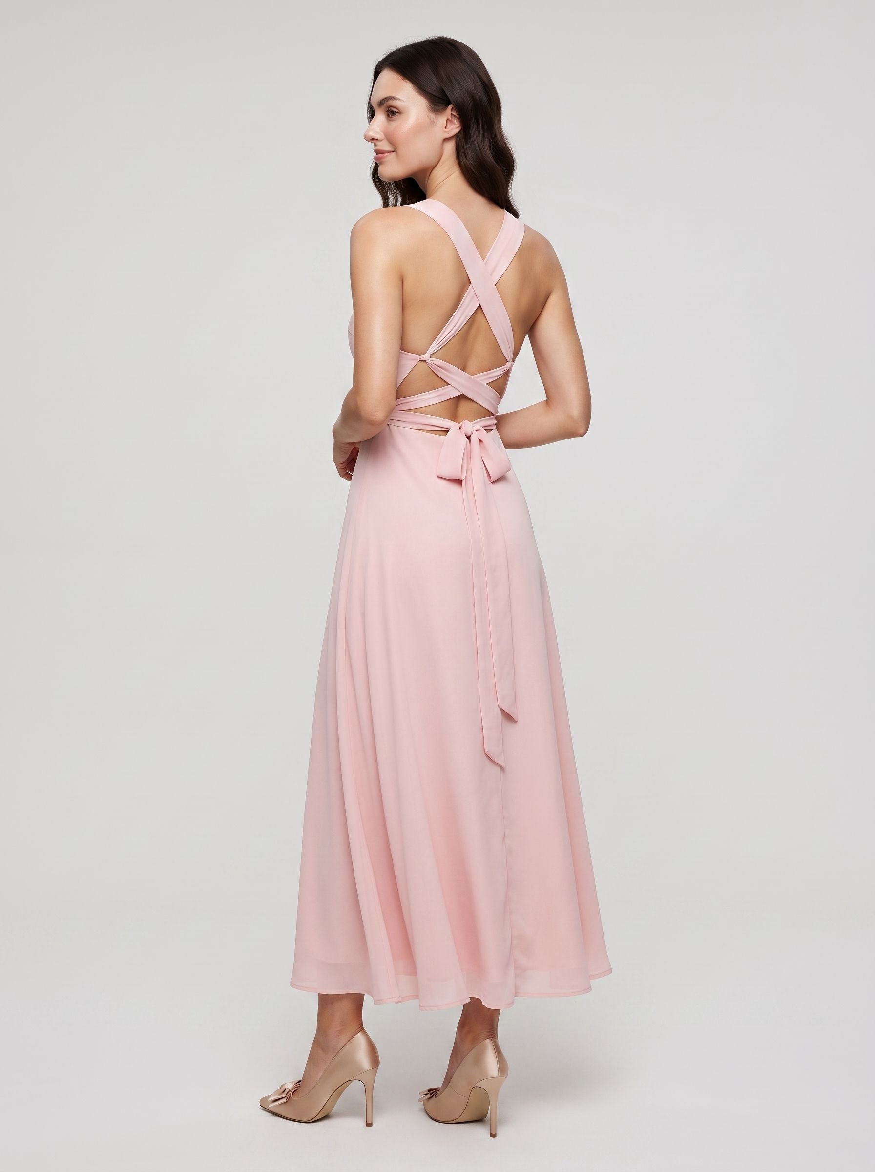 Blushing Pink Satin A-Line Square Neck  Lace-up Short Dress with Pockets