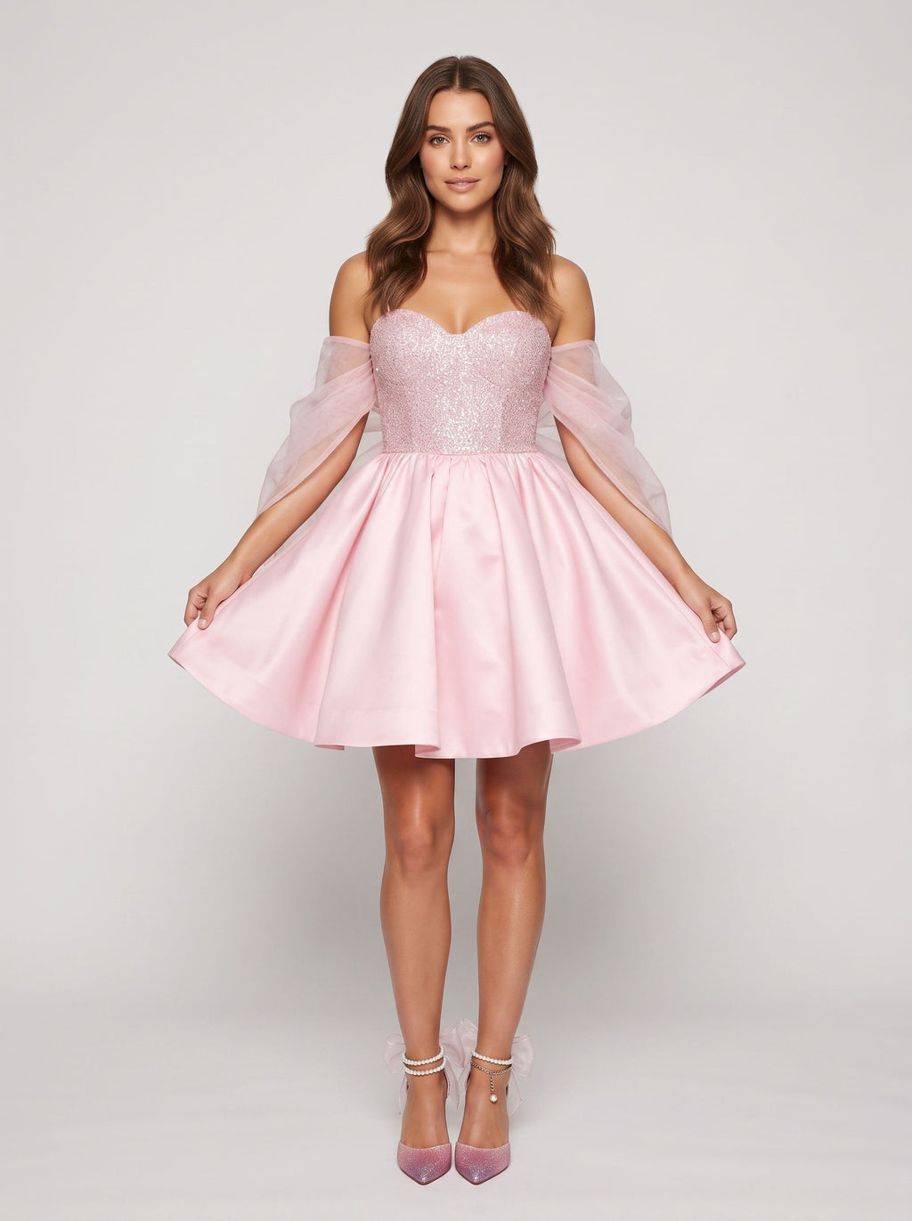 Petal Satin A-Line Sweetheart Bow Short Dress with Sequins