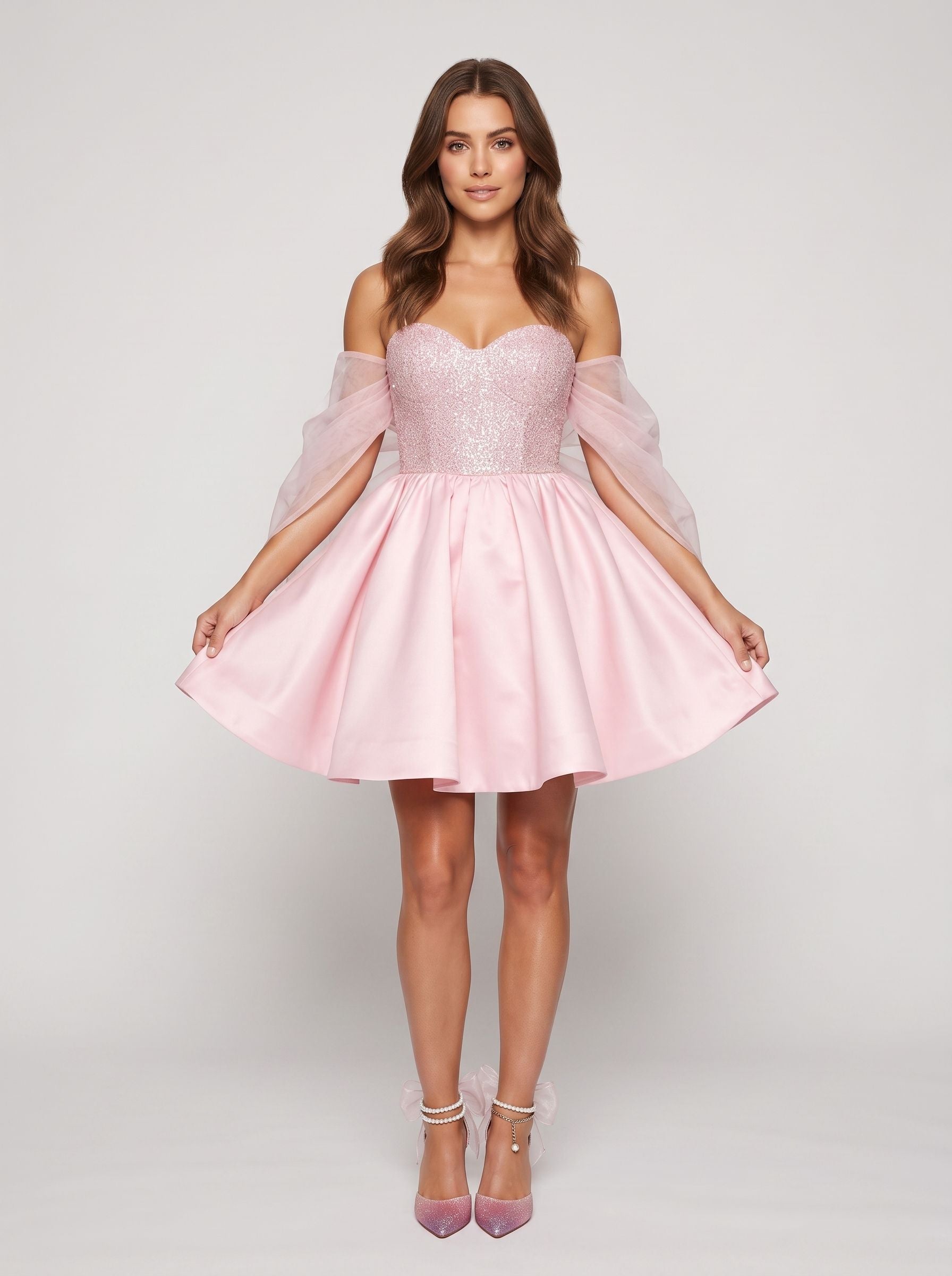 Petal Satin A-Line Sweetheart Bow Short Dress with Sequins