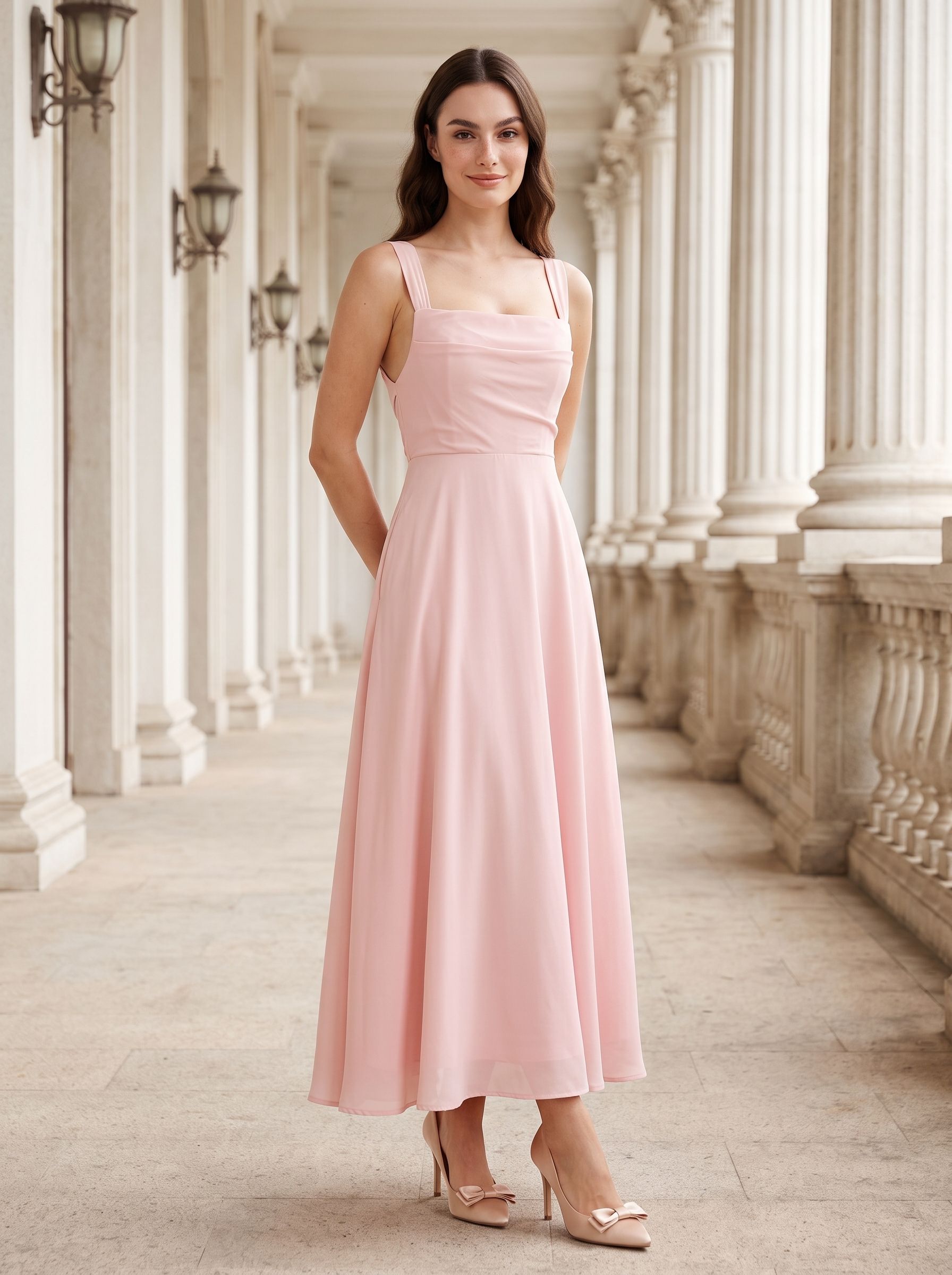 Blushing Pink Satin A-Line Square Neck  Lace-up Short Dress with Pockets