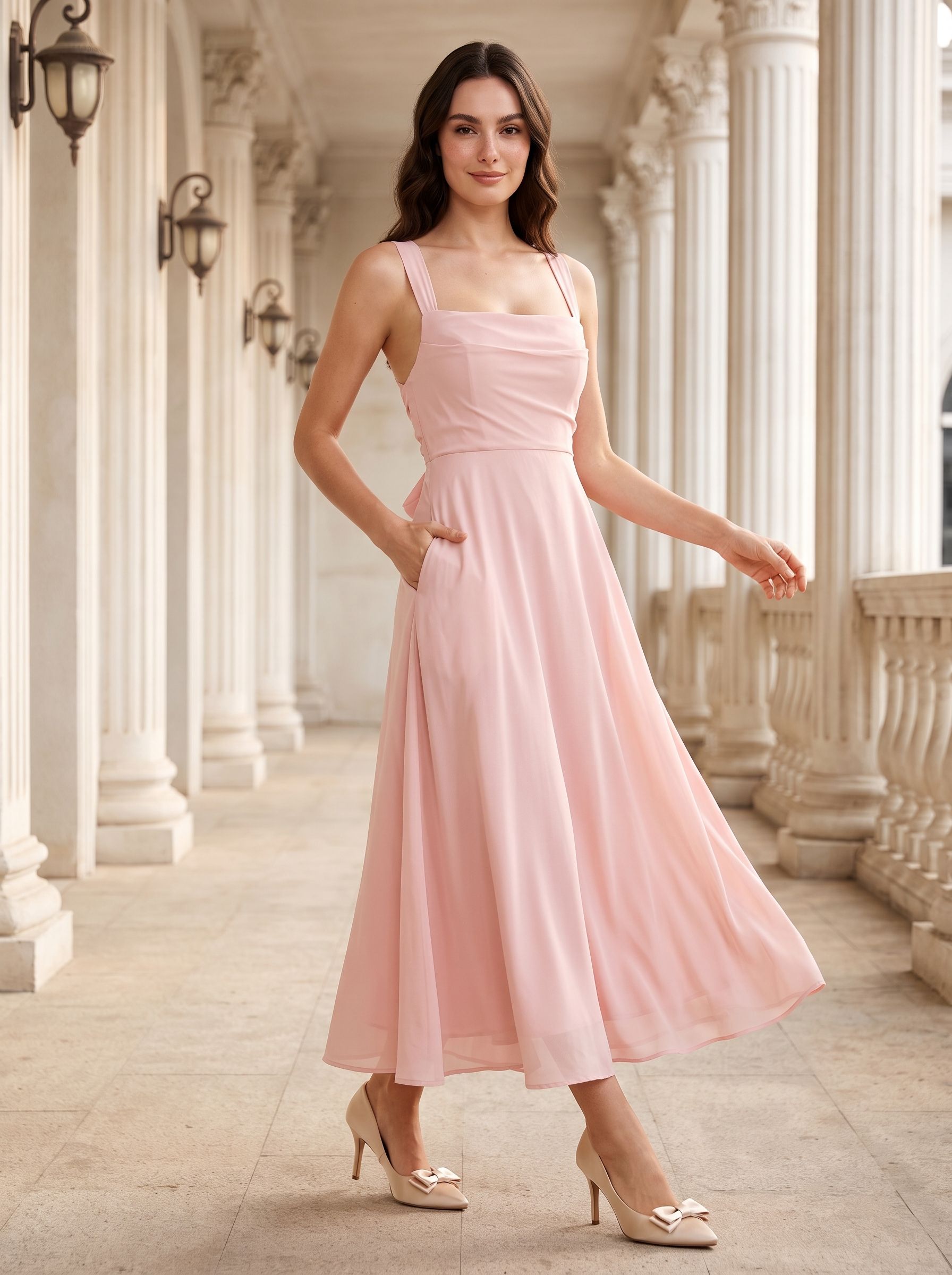 Blushing Pink Satin A-Line Square Neck  Lace-up Short Dress with Pockets