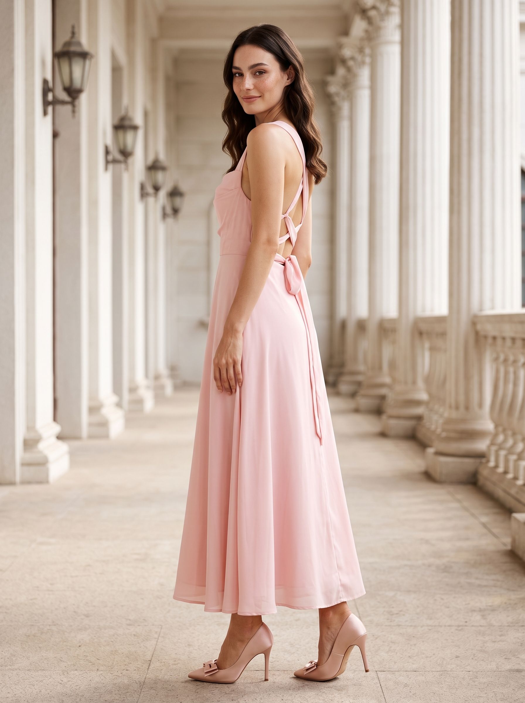 Blushing Pink Satin A-Line Square Neck  Lace-up Short Dress with Pockets