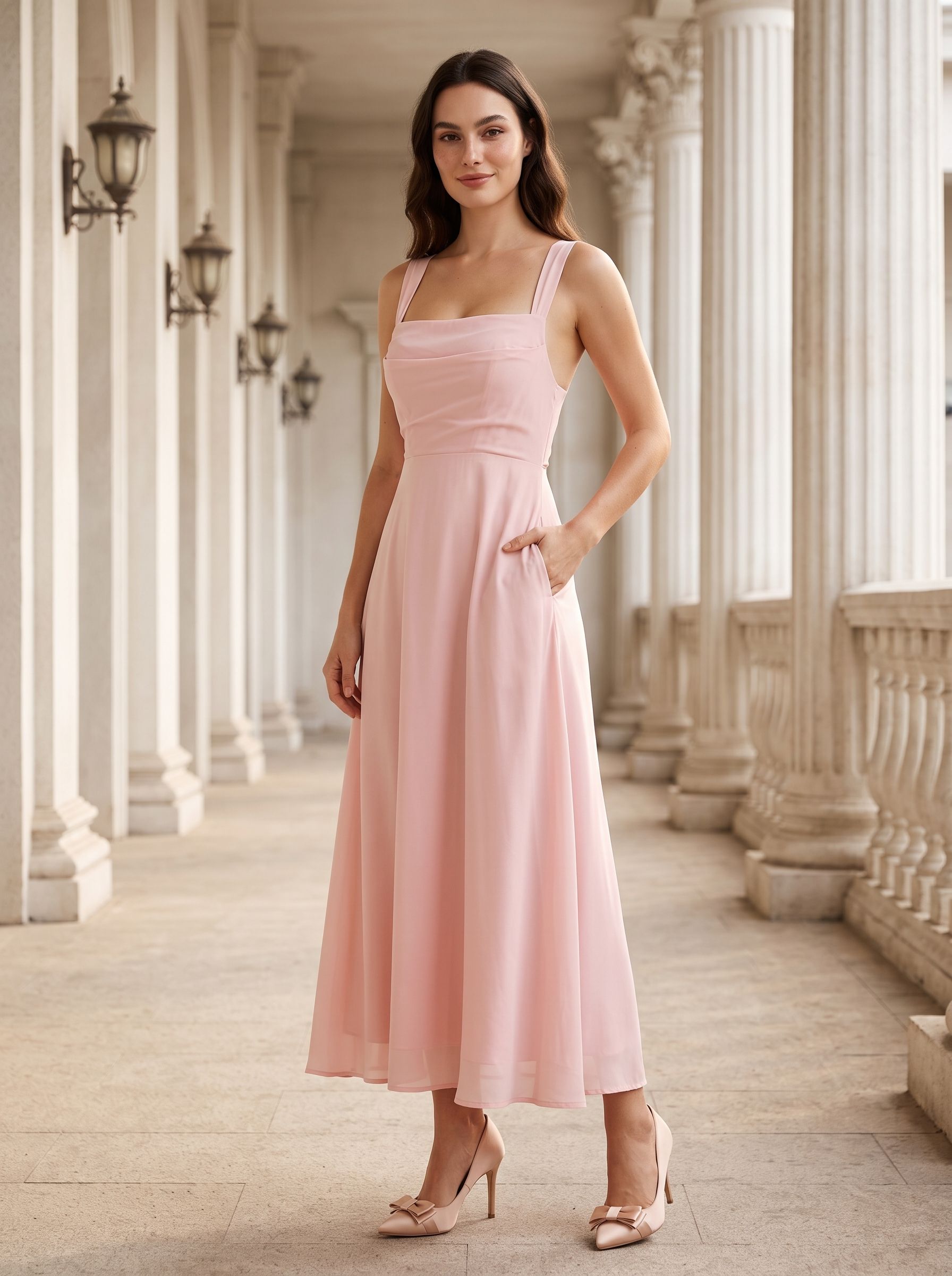 Blushing Pink Satin A-Line Square Neck  Lace-up Short Dress with Pockets