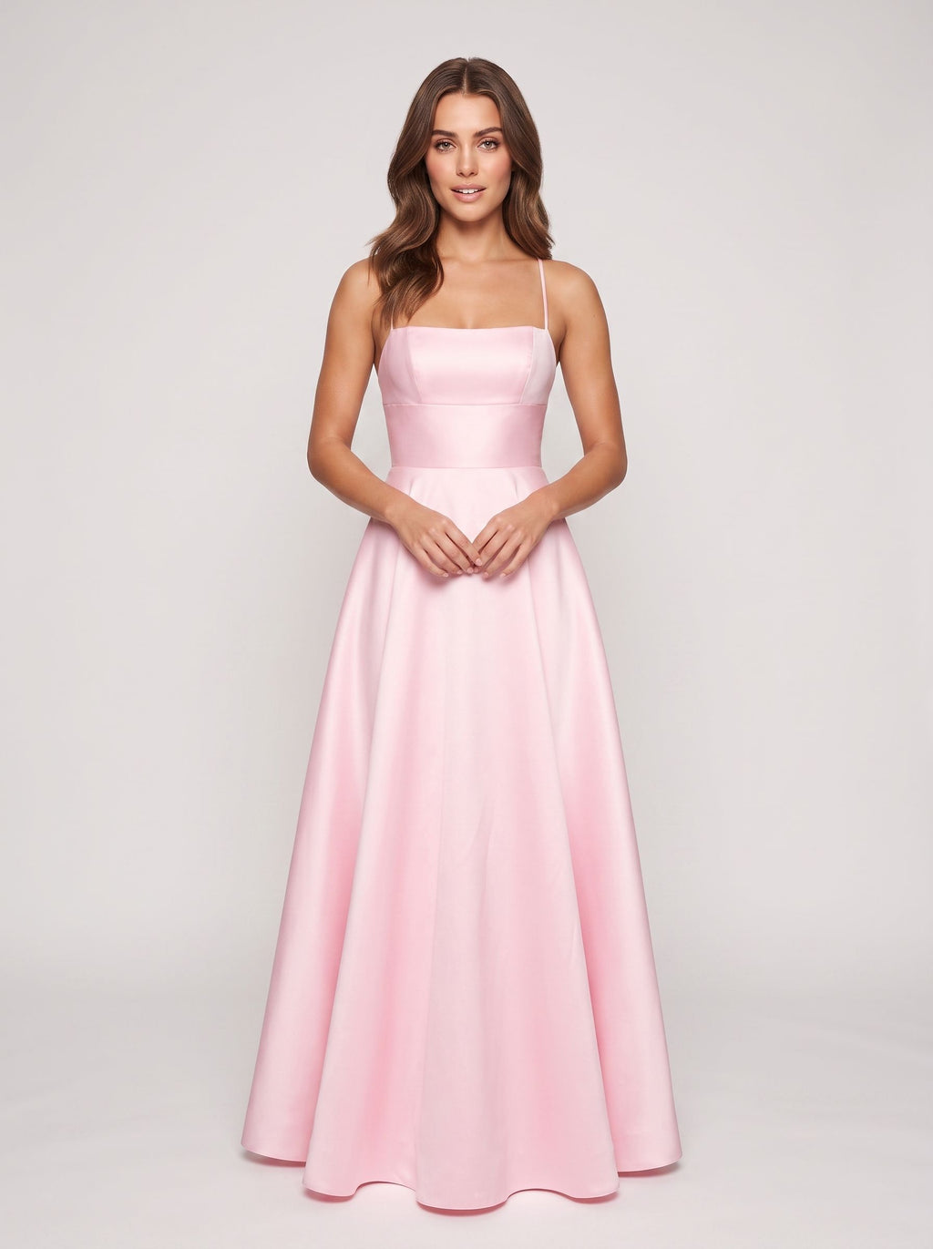Petal Satin A-Line Straight Neck Backless Floor-Length Dress with Pleated Bodice