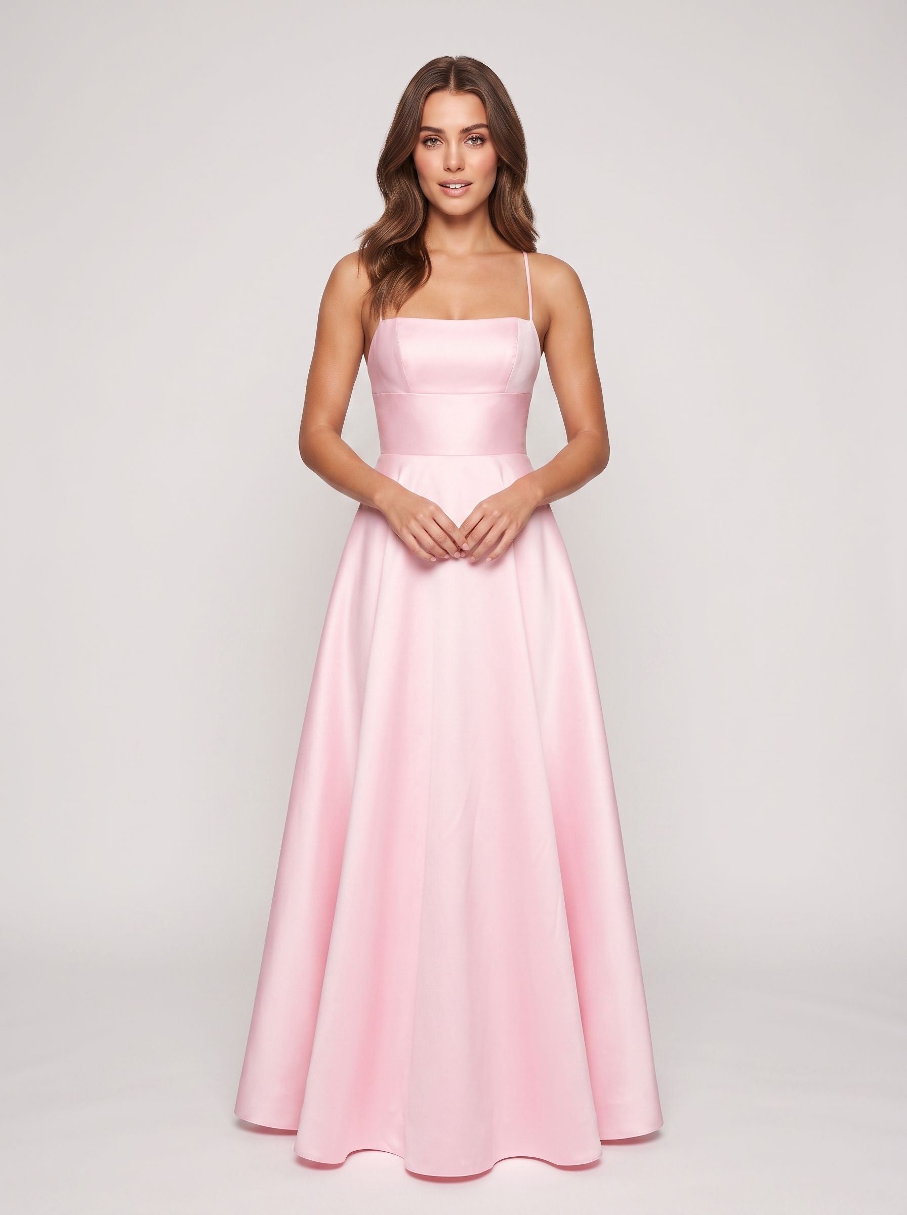 Petal Satin A-Line Straight Neck Backless Floor-Length Dress with Pleated Bodice