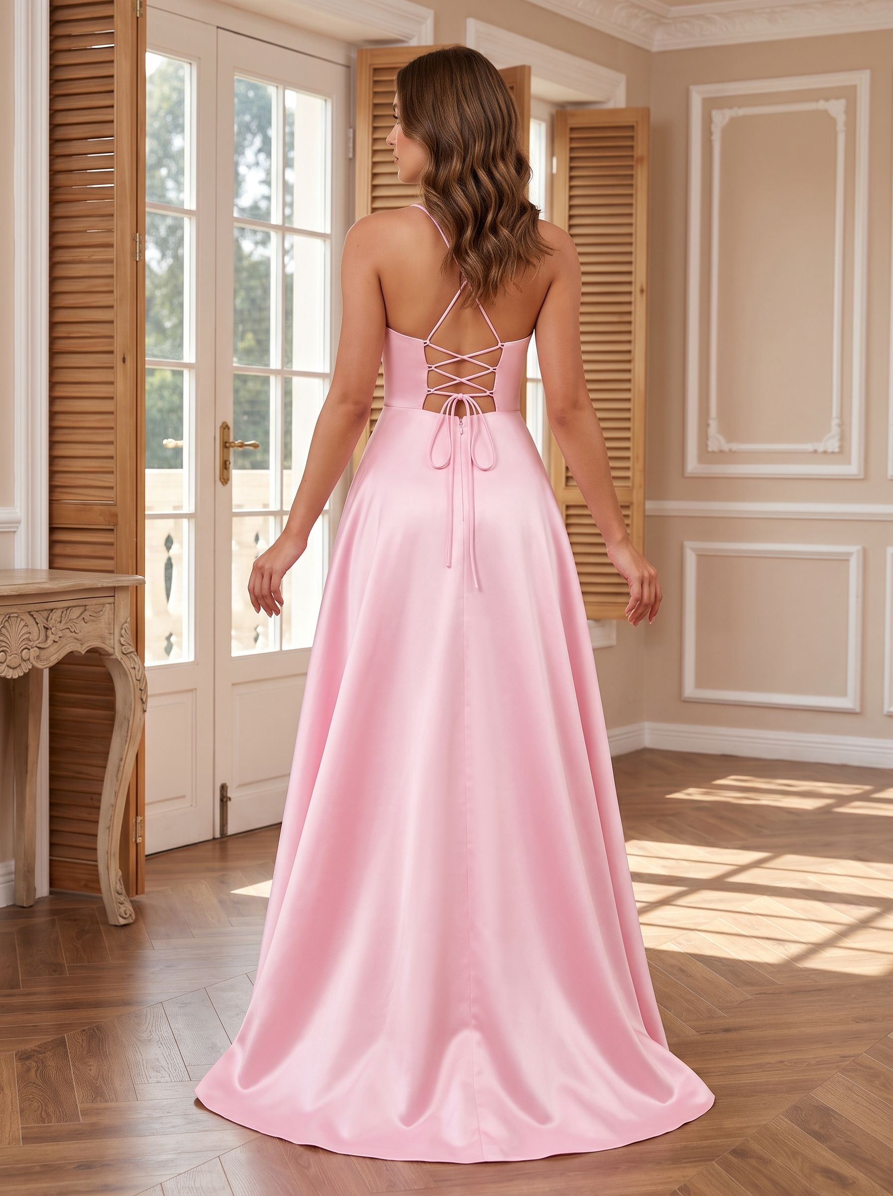 Petal Satin A-Line Straight Neck Backless Floor-Length Dress with Pleated Bodice