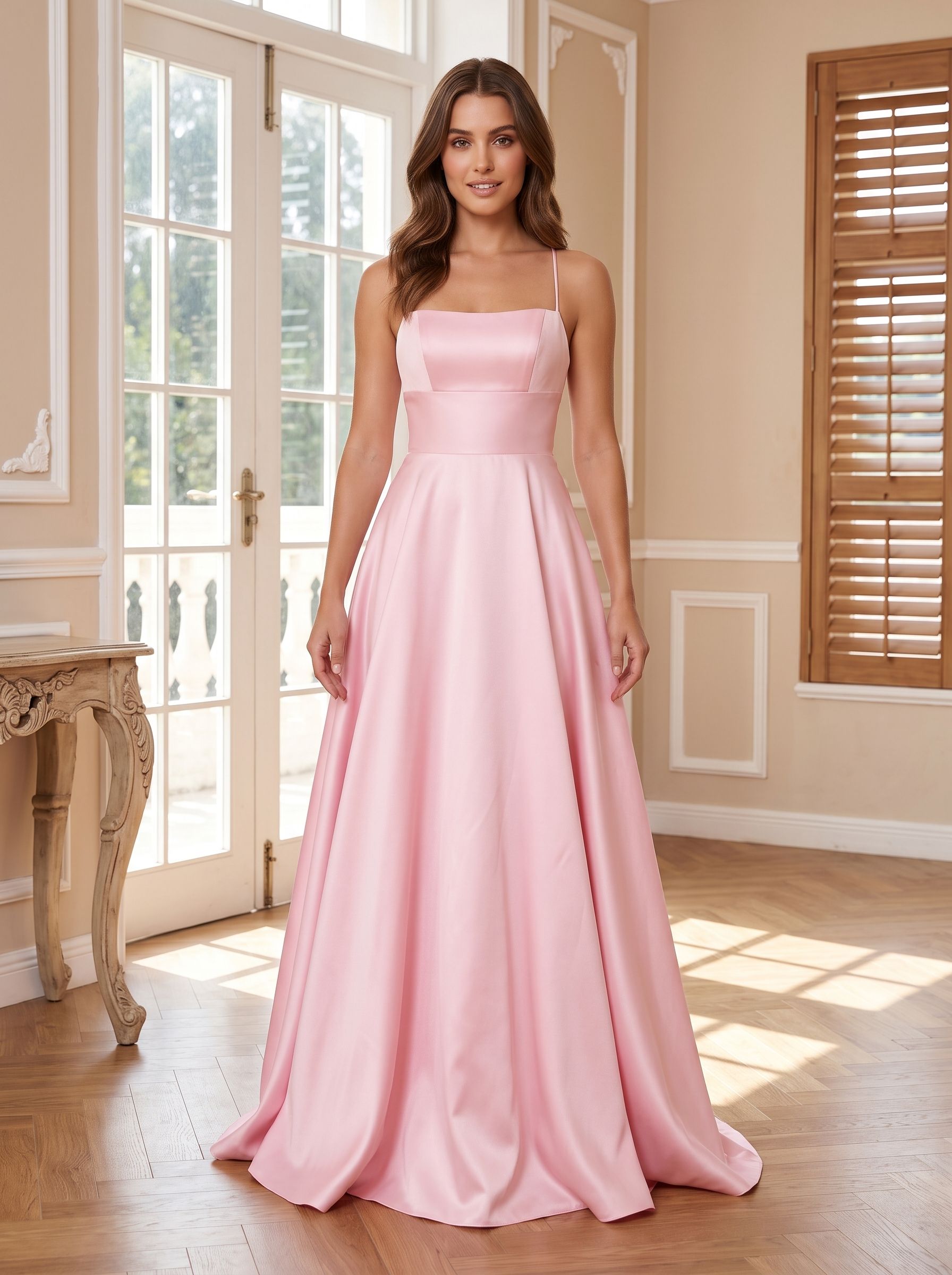 Petal Satin A-Line Straight Neck Backless Floor-Length Dress with Pleated Bodice