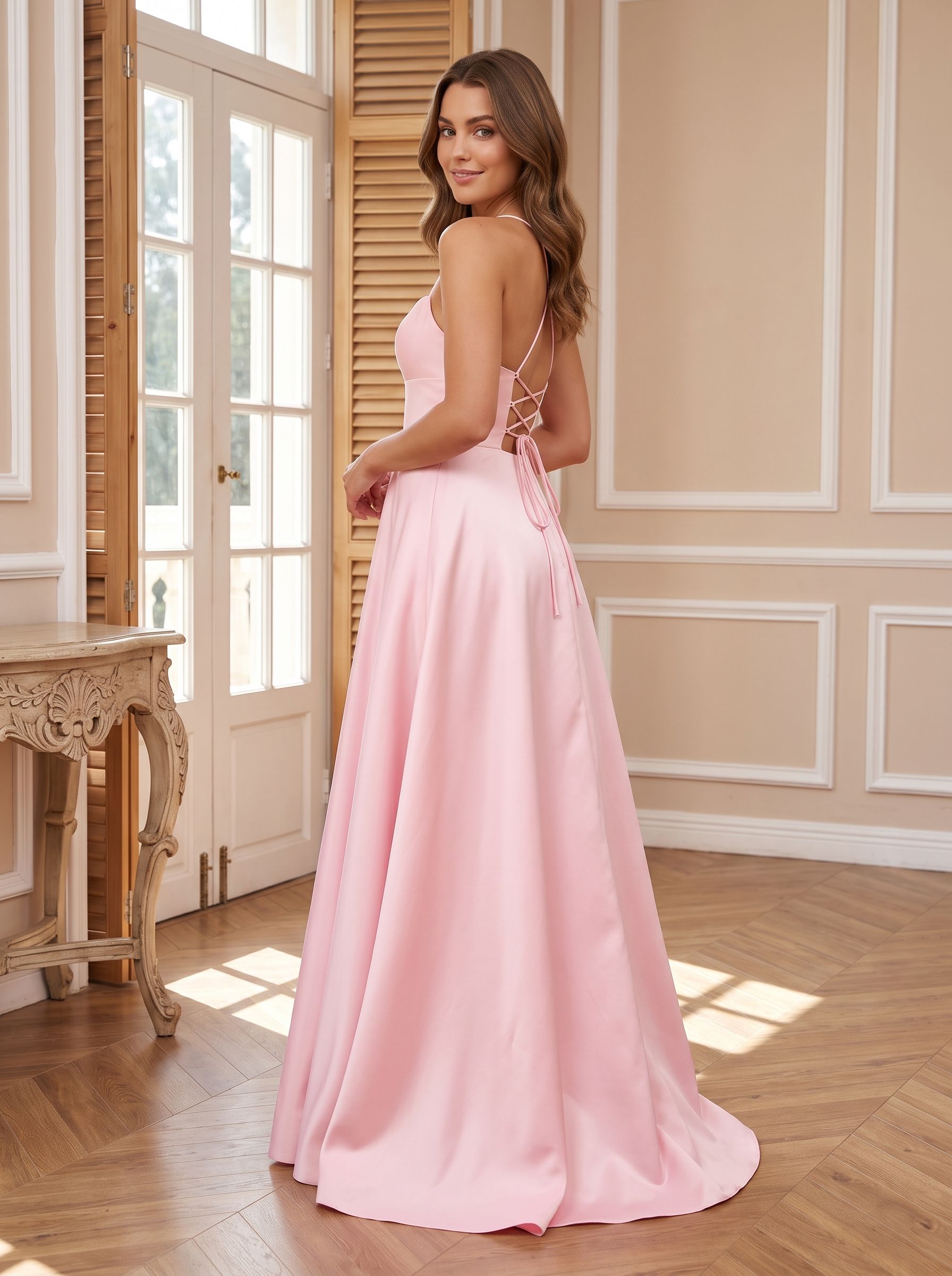 Petal Satin A-Line Straight Neck Backless Floor-Length Dress with Pleated Bodice