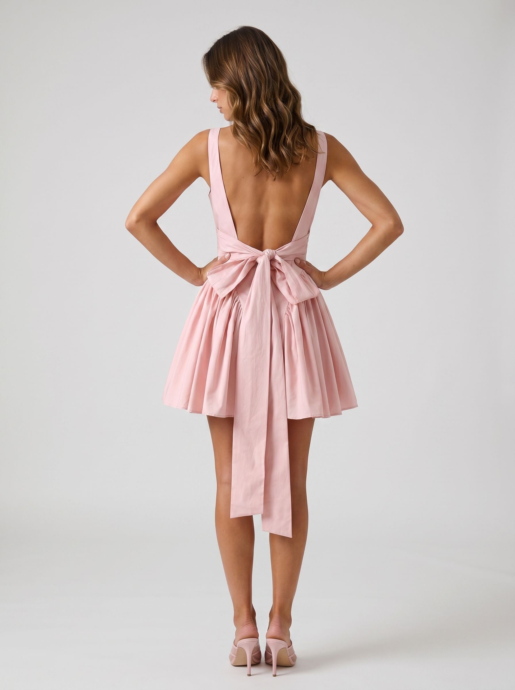 Petal Matte Satin A-Line Square Neck Bow Short Dress with Structured Bodice