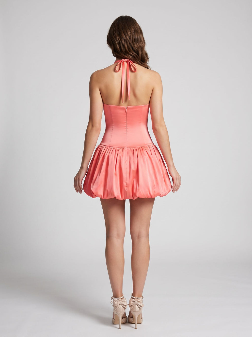 Coral Satin A-Line Halter neckline Back Zip Short Dress with Pleating