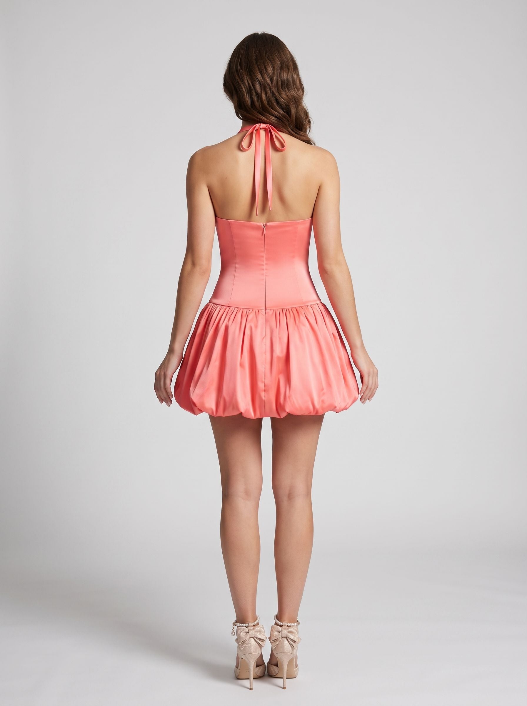 Coral Satin A-Line Halter neckline Back Zip Short Dress with Pleating