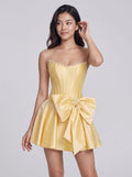 Daffodil Satin A-Line Straight Neck Corset Back Short Dress with Bow