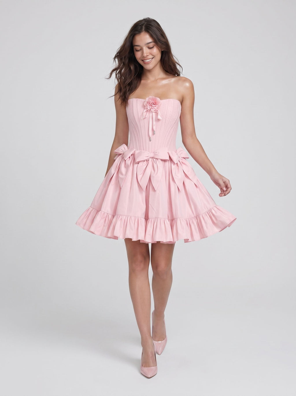 Petal Satin A-Line Straight Neck Back Zip Short Dress with 3D Flowers