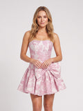 Pink Jacquard A-Line Straight Neck Back Zip Short Dress with Pearl Bowknot