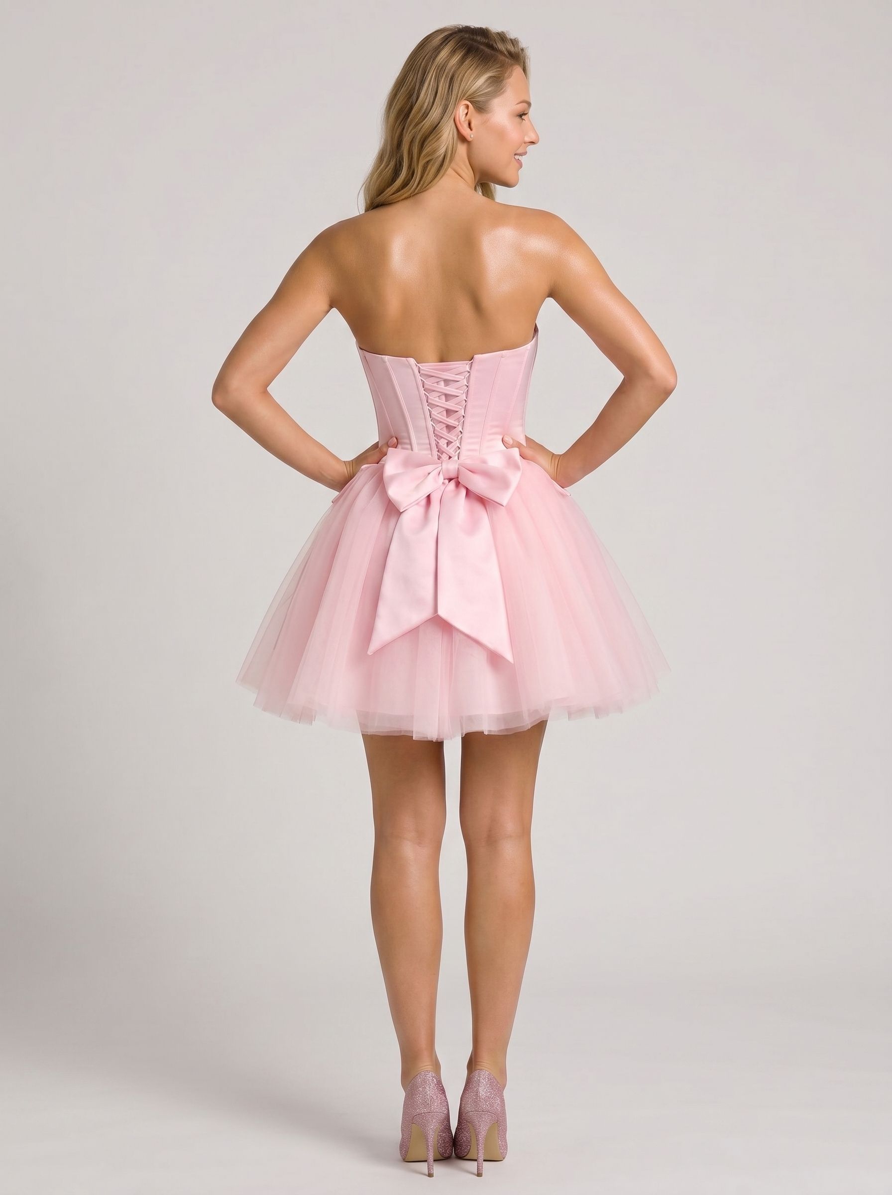 Petal Satin A-Line Straight Neck Criss-Cross Straps Short Dress with Bow
