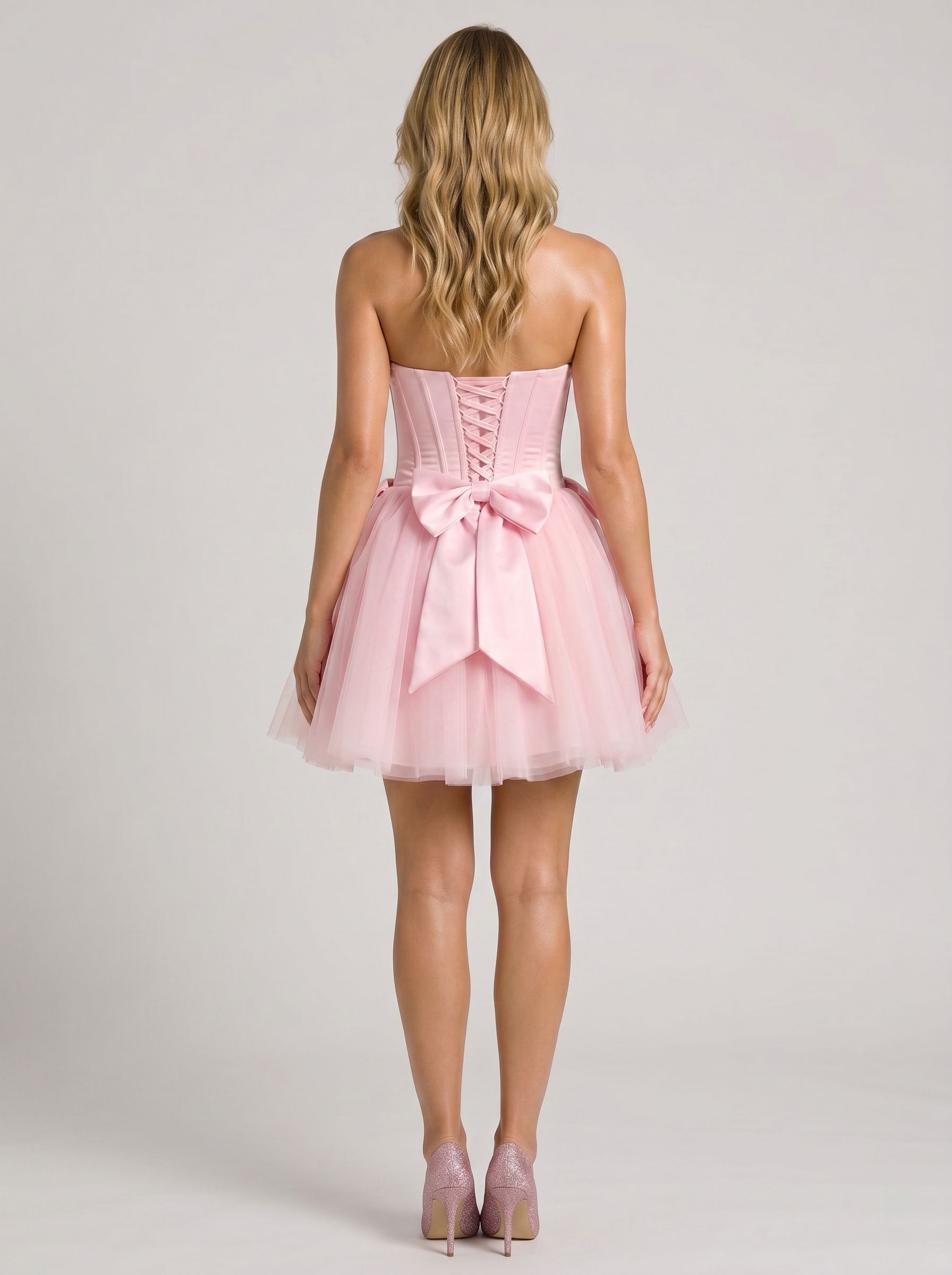 Petal Satin A-Line Straight Neck Criss-Cross Straps Short Dress with Bow