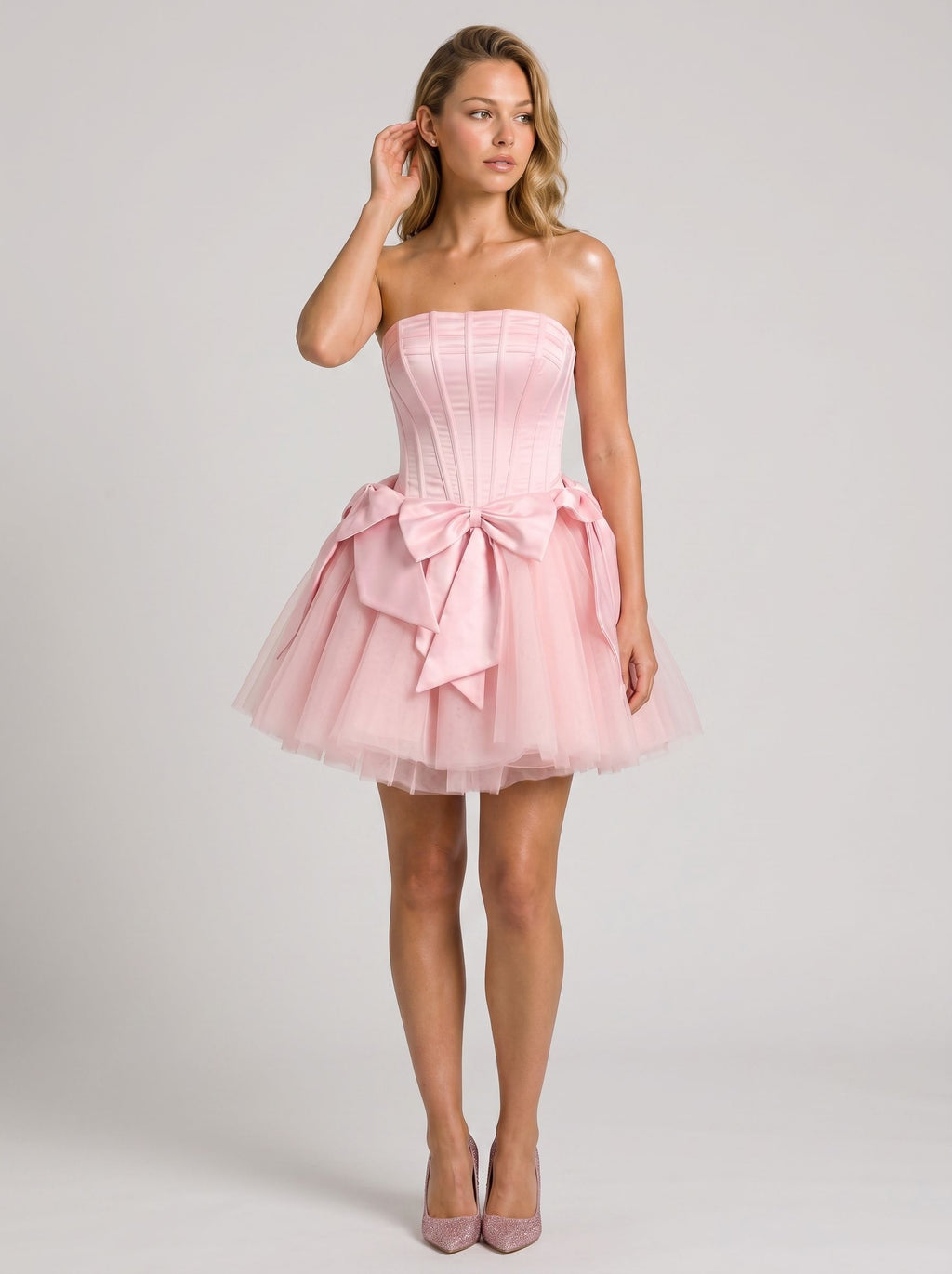 Petal Satin A-Line Straight Neck Criss-Cross Straps Short Dress with Bow