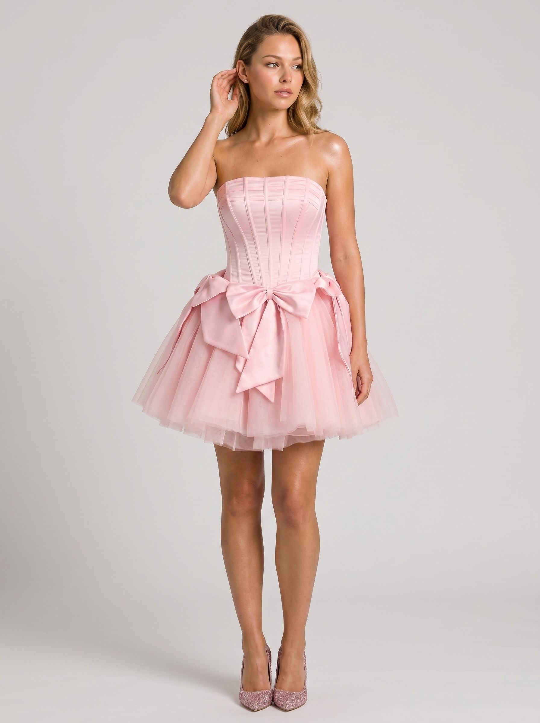 Petal Satin A-Line Straight Neck Criss-Cross Straps Short Dress with Bow