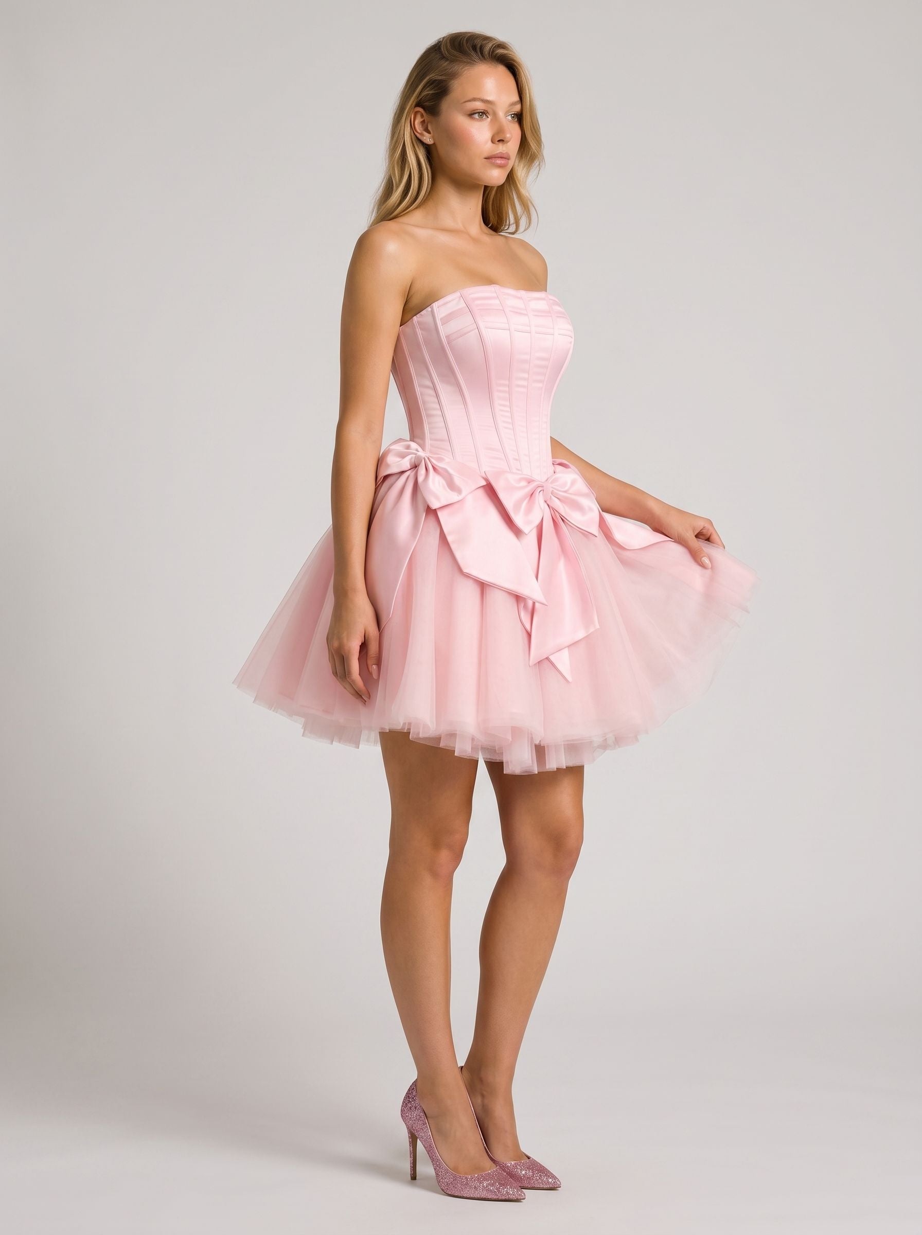 Petal Satin A-Line Straight Neck Criss-Cross Straps Short Dress with Bow