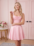 Petal Satin A-Line Cowl Neck Lace-up Short Dress with Pleating