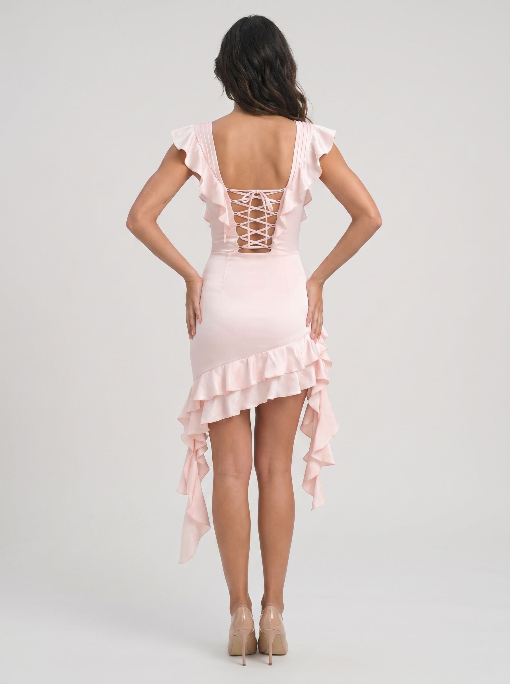 Petal Satin A-Line Sweetheart Lace-up Short Dress with Cascading Ruffles