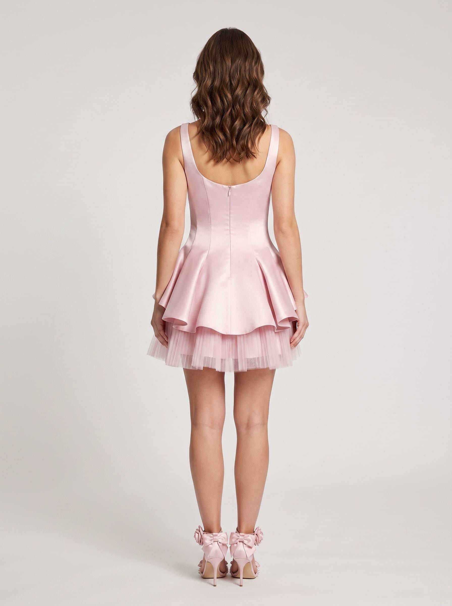 Petal Satin A-Line Scoop Neck Back Zip Short Dress with Pleated Bodice