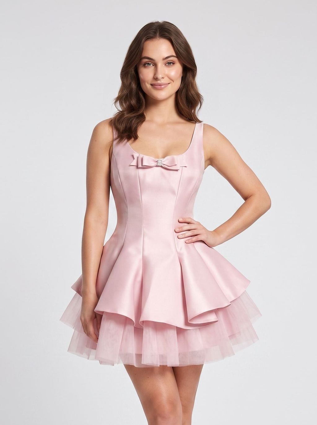 Petal Satin A-Line Scoop Neck Back Zip Short Dress with Pleated Bodice