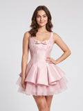 Petal Satin A-Line Scoop Neck Back Zip Short Dress with Pleated Bodice