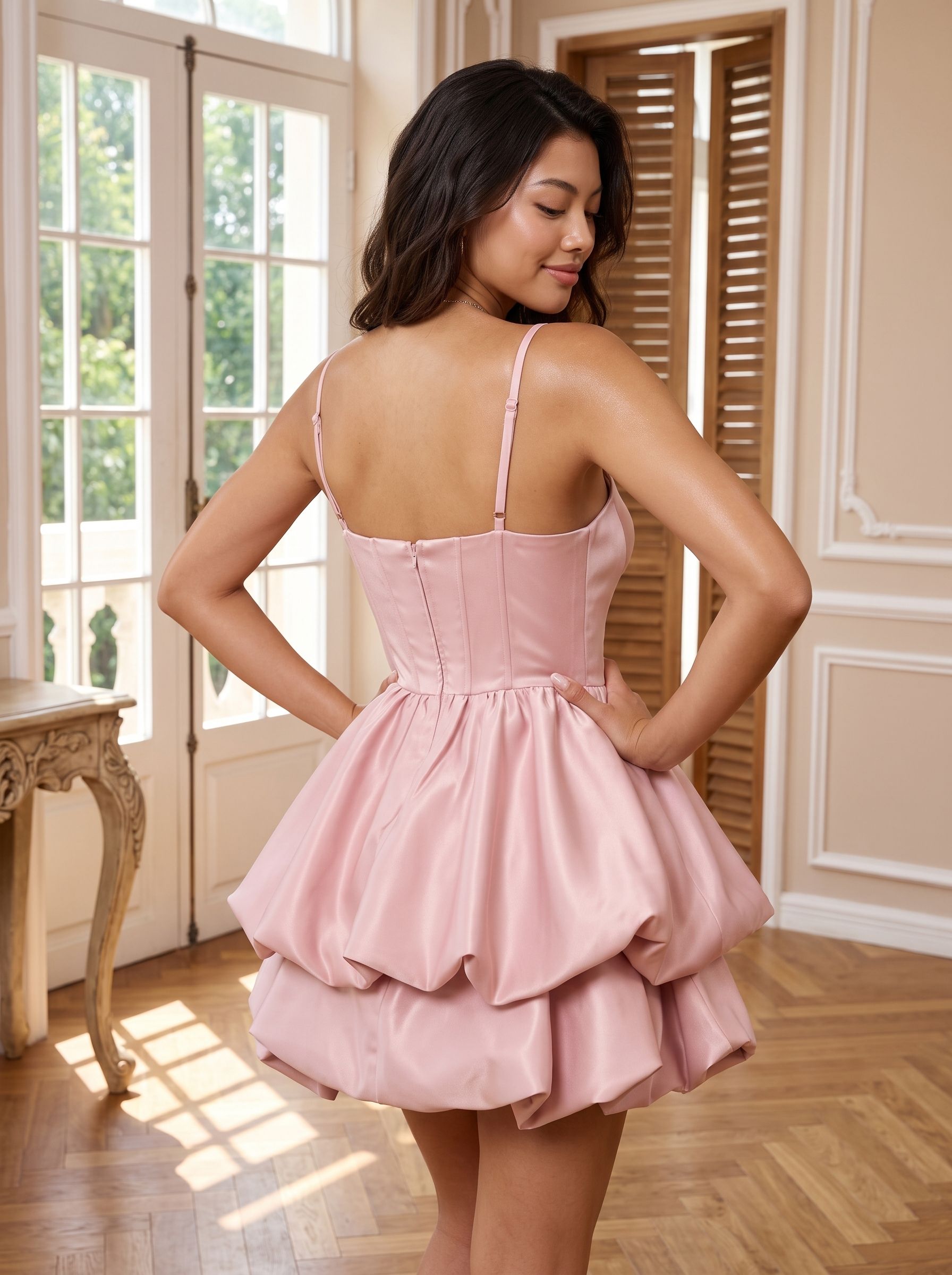 Blushing Pink Satin A-Line Sweetheart Back Zip Short Dress with Ruffled Bubble Skirt