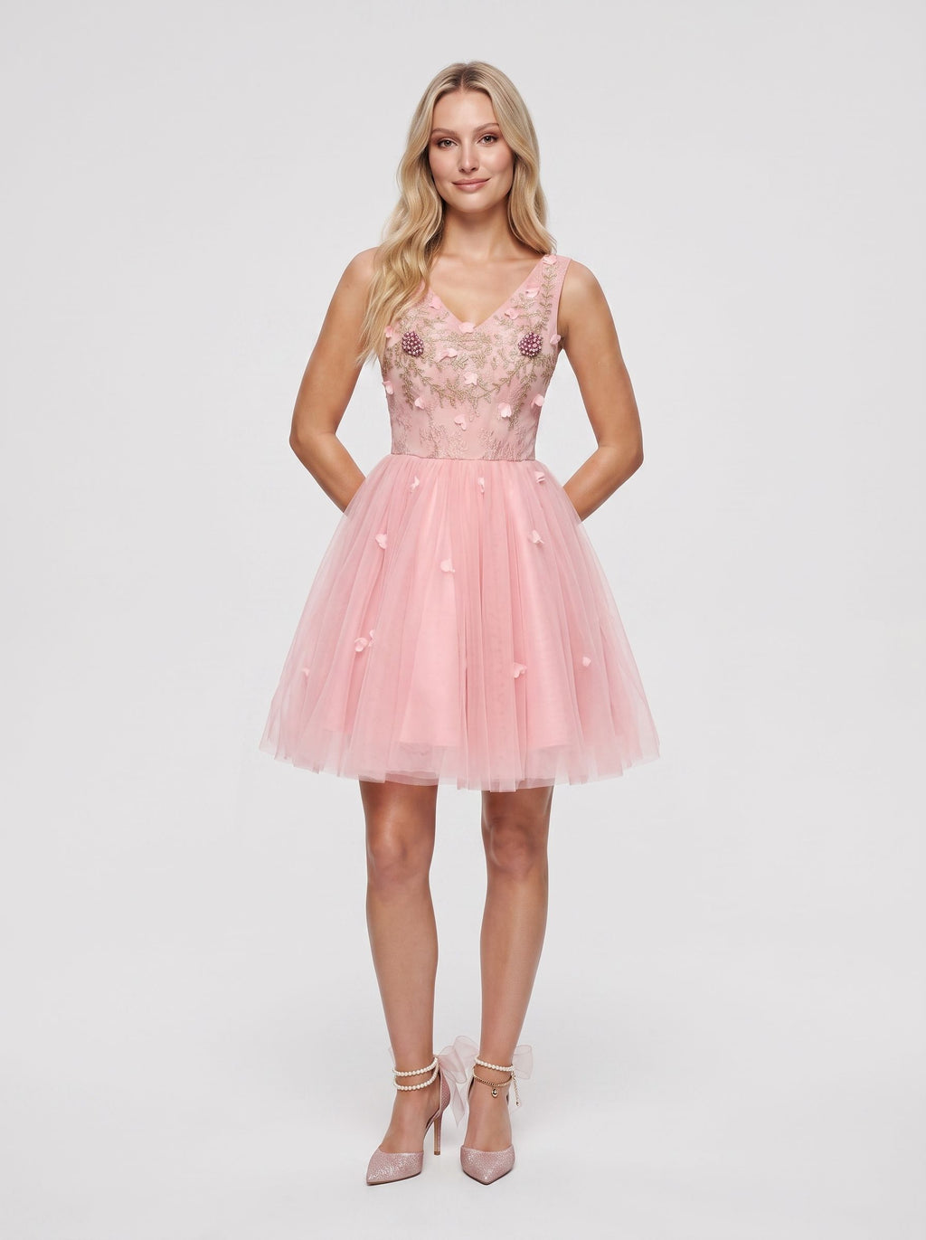Pink Satin A-Line V-Neck Lace-Up Short Dress with 3D Flowers
