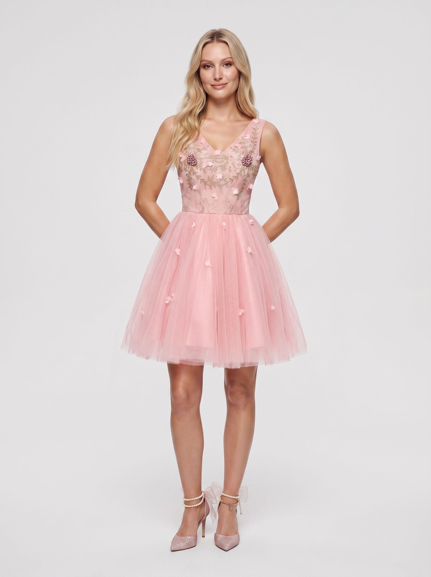 Pink Satin A-Line V-Neck Lace-Up Short Dress with 3D Flowers