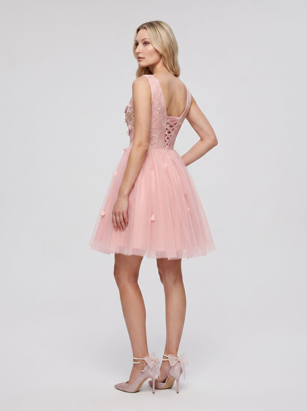 Pink Satin A-Line V-Neck Lace-Up Short Dress with 3D Flowers