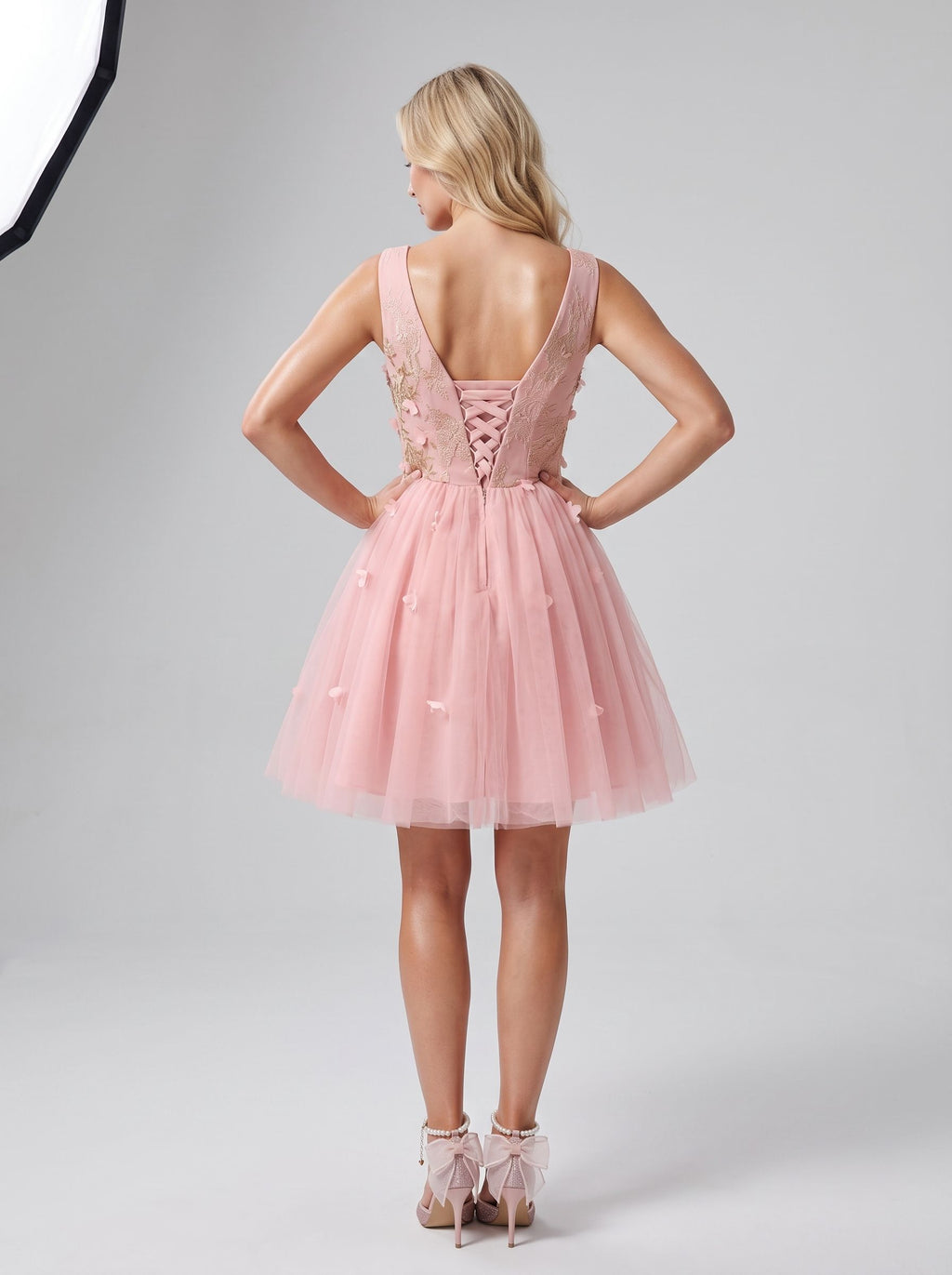 Pink Satin A-Line V-Neck Lace-Up Short Dress with 3D Flowers