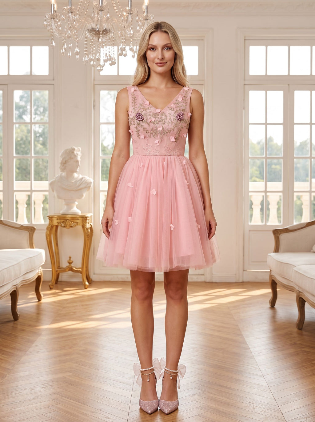 Pink Satin A-Line V-Neck Lace-Up Short Dress with 3D Flowers