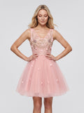 Pink Satin A-Line V-Neck Lace-Up Short Dress with 3D Flowers