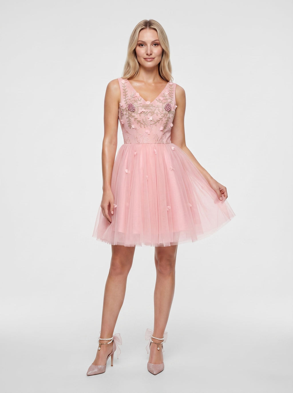 Pink Satin A-Line V-Neck Lace-Up Short Dress with 3D Flowers