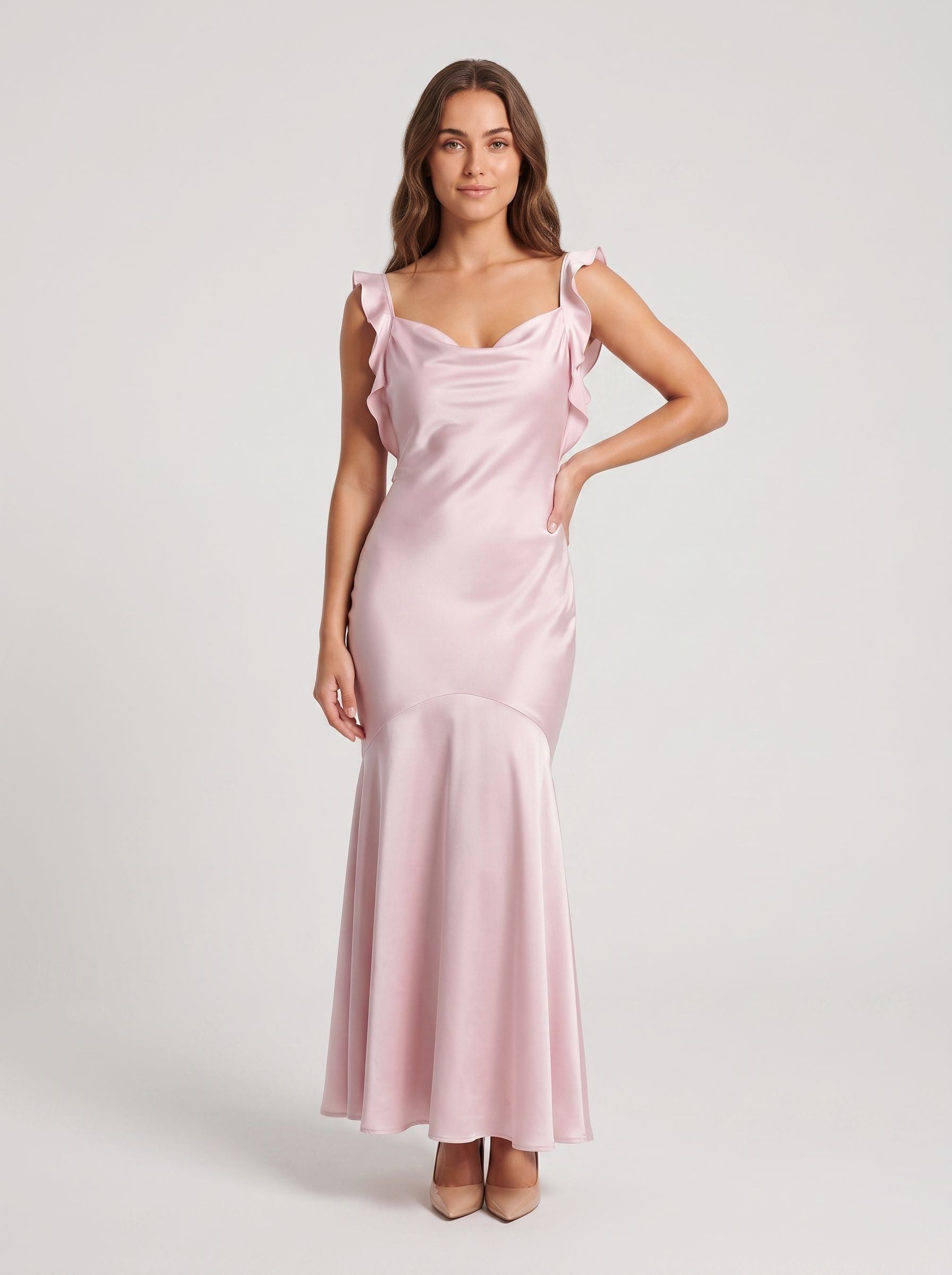 Petal Satin Mermaid Cowl Neck Backless Floor-Length Dress with Cascading Ruffles