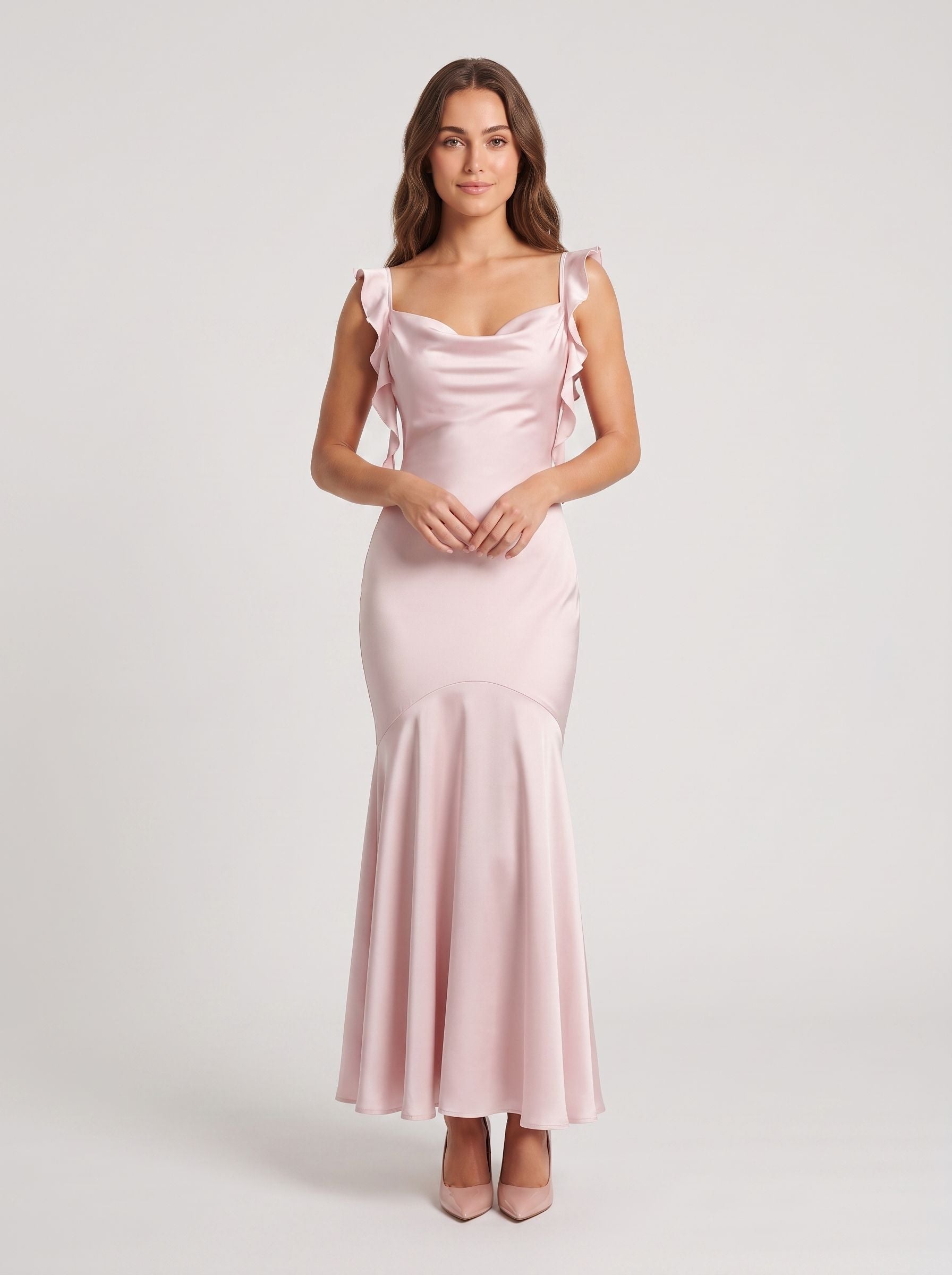 Petal Satin Mermaid Cowl Neck Backless Floor-Length Dress with Cascading Ruffles