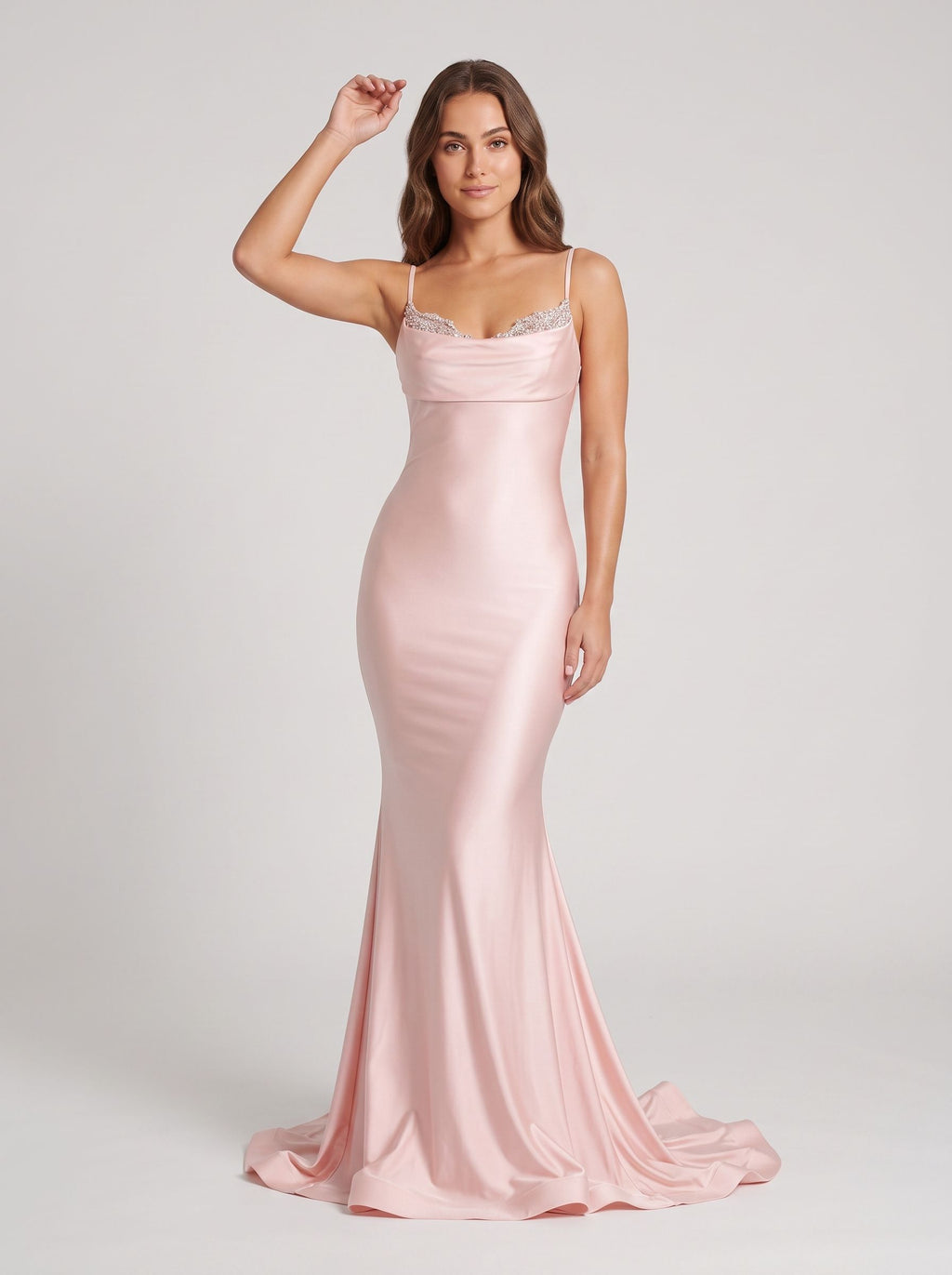 Blushing Pink Satin Mermaid Sweetheart Backless Floor-Length Dress with Beaded Straps