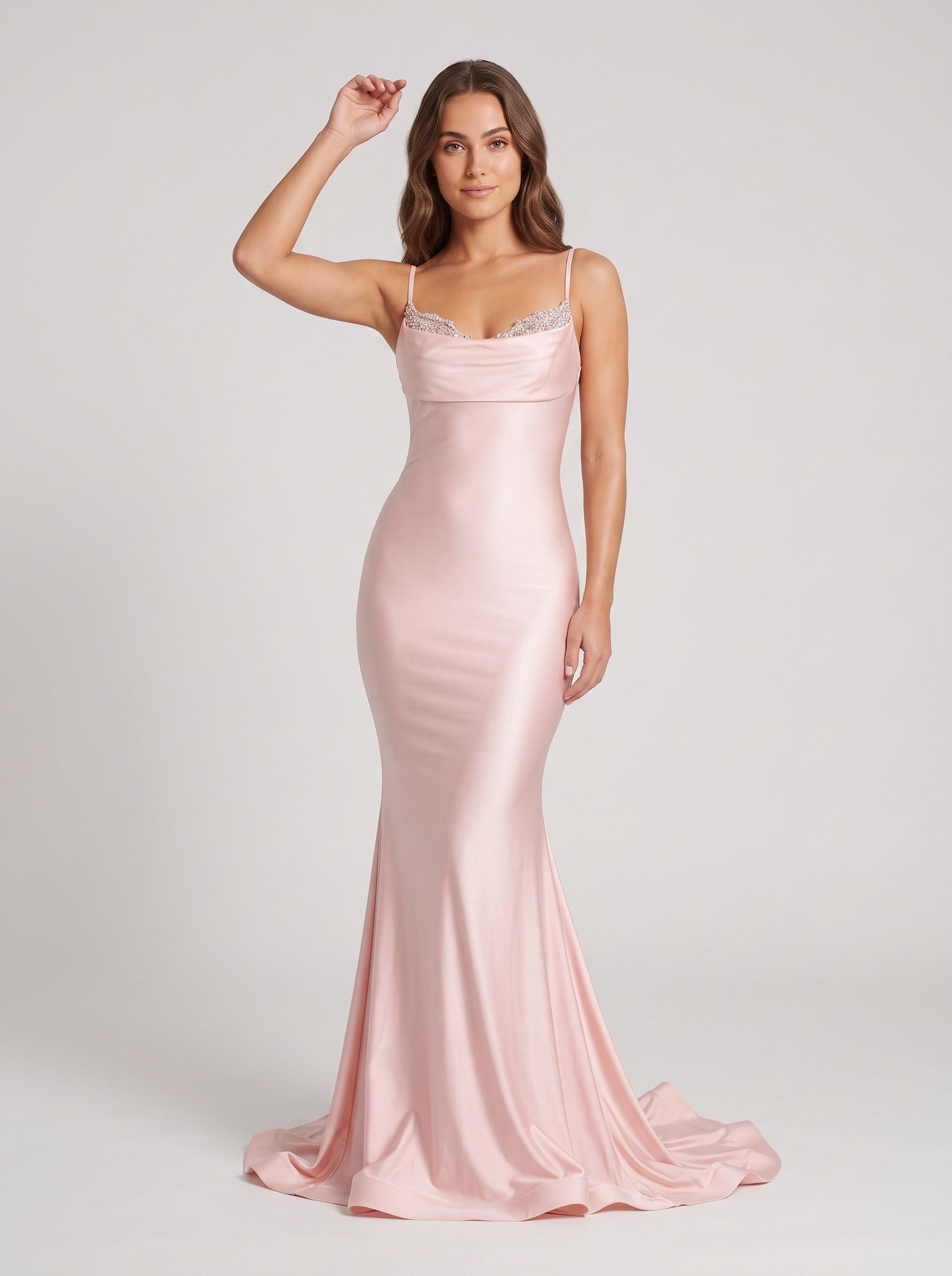 Blushing Pink Satin Mermaid Sweetheart Backless Floor-Length Dress with Beaded Straps