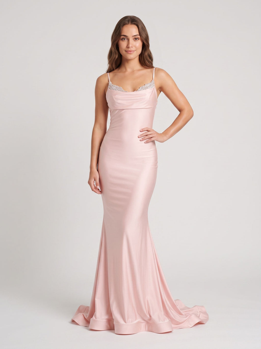 Blushing Pink Satin Mermaid Sweetheart Backless Floor-Length Dress with Beaded Straps