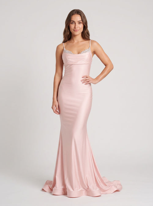 Blushing Pink Satin Mermaid Sweetheart Backless Floor-Length Dress with Beaded Straps