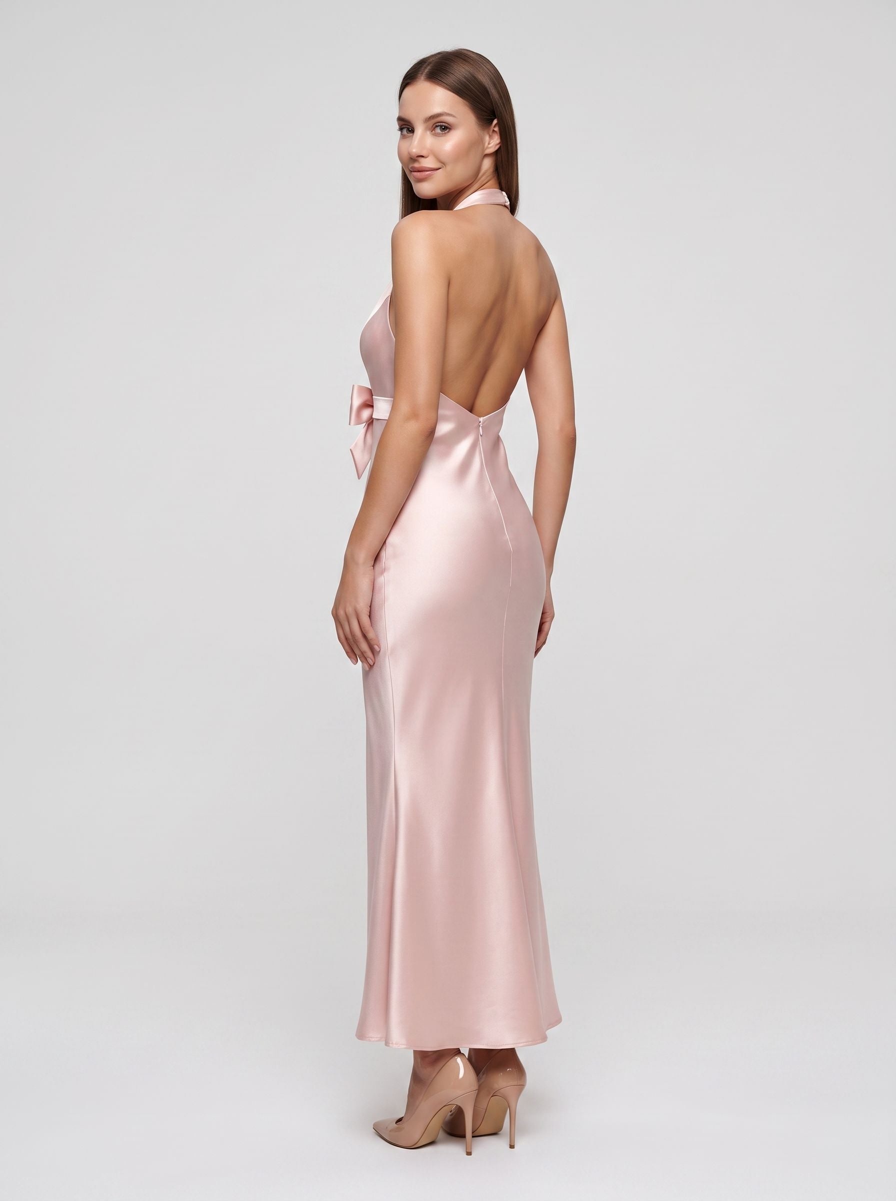 Petal Satin Mermaid Halter neckline Floor-Length Dress with Back Bow