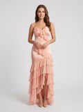 Blushing Pink Satin Mermaid  V-Neck Back Zip Floor-Length Dress with Cascading Ruffles